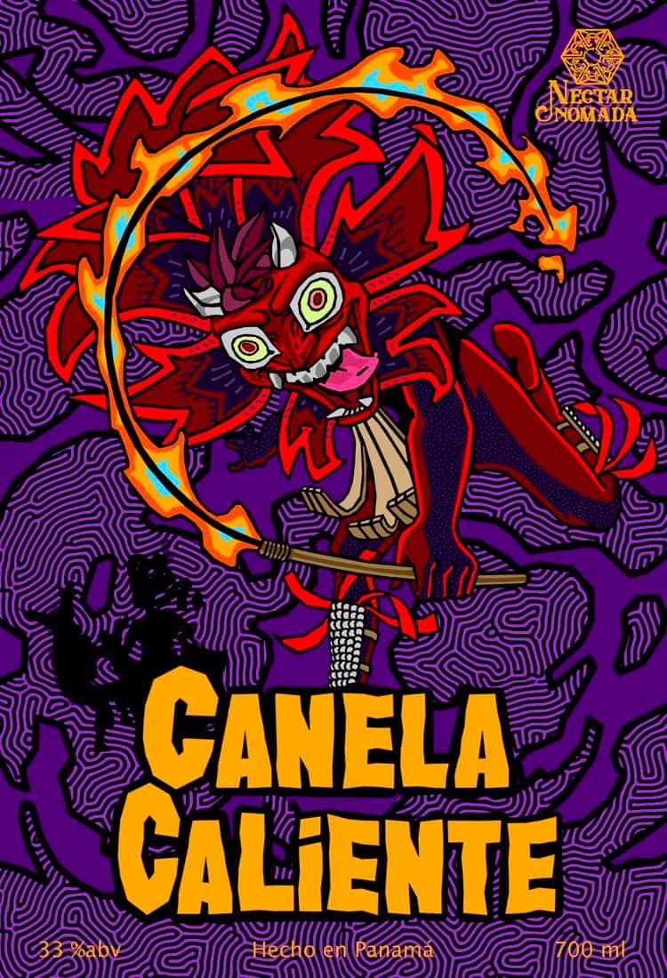 Etiqueta de Canela Caliente: figura felina en rojo y naranja rodeada de llamas y ajíes, con el nombre en letras destacadas