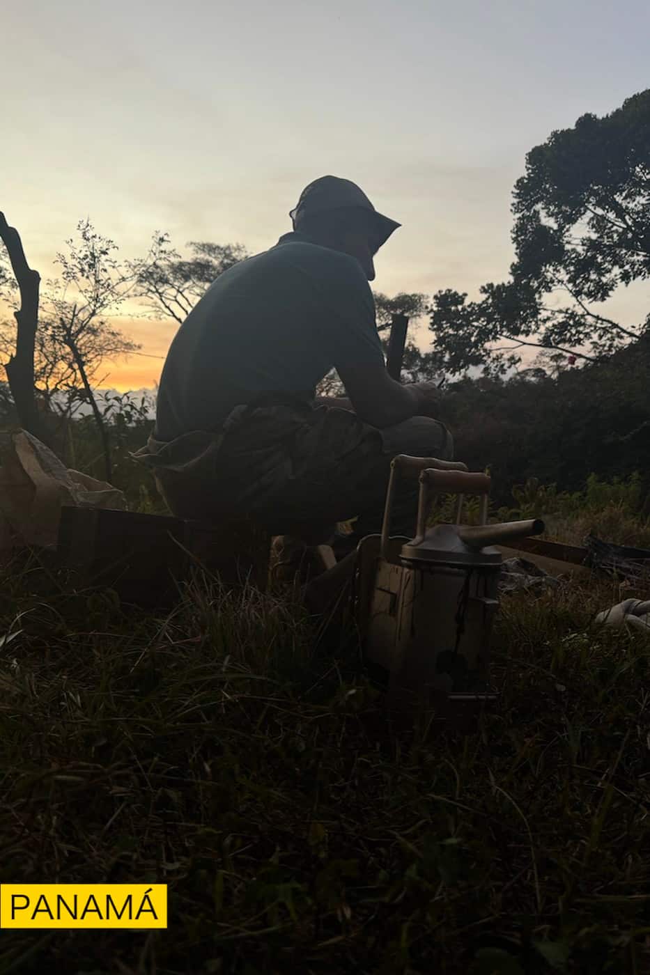 Silueta de un apicultor junto a las colmenas al atardecer