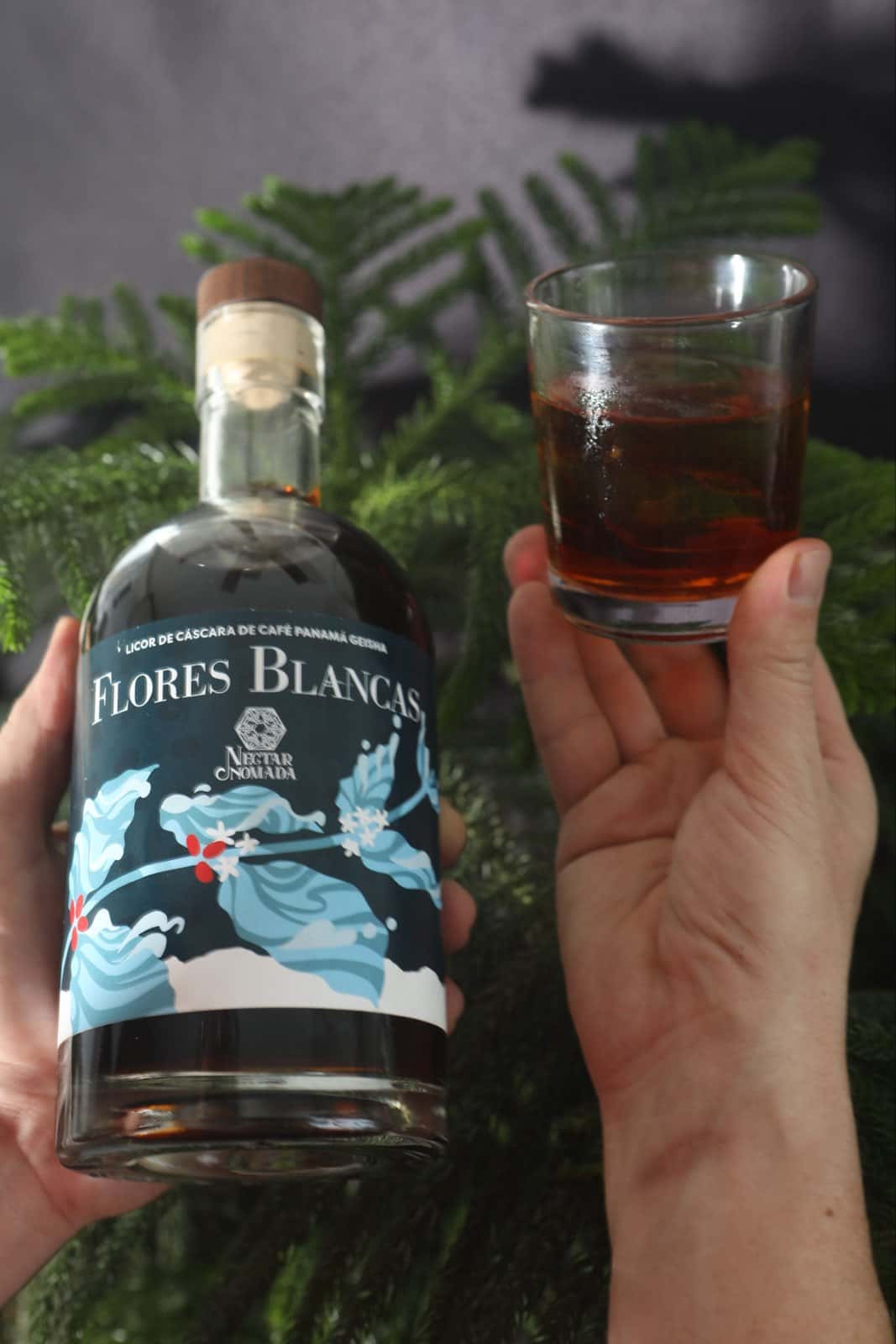Dos manos sostienen la botella y un vaso servido con hielo, delante de ramas de araucaria
