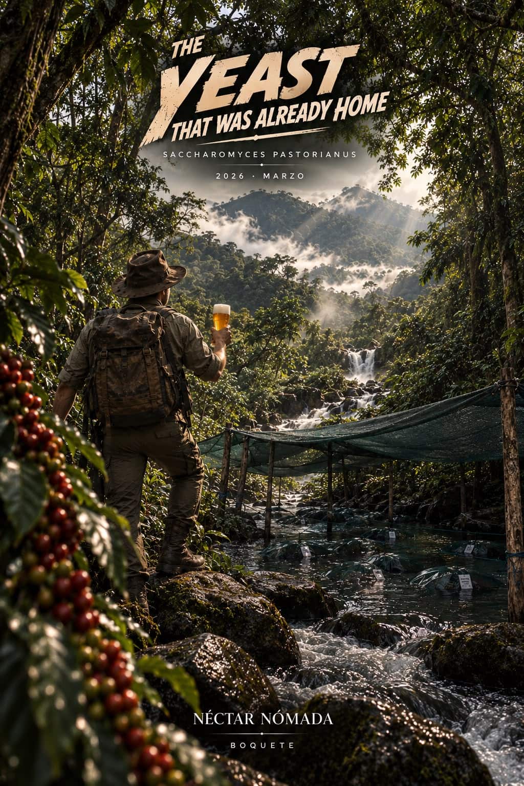 Cartel de «The Yeast That Was Already Home»: un explorador de espaldas, con sombrero y mochila, levanta un vaso de cerveza ante un valle de montañas con niebla y una cascada; en primer plano, ramas de café con cerezas rojas, y junto al río, camas de secado bajo malla. Rótulos: Saccharomyces pastorianus, 2026 · marzo, Néctar Nómada, Boquete