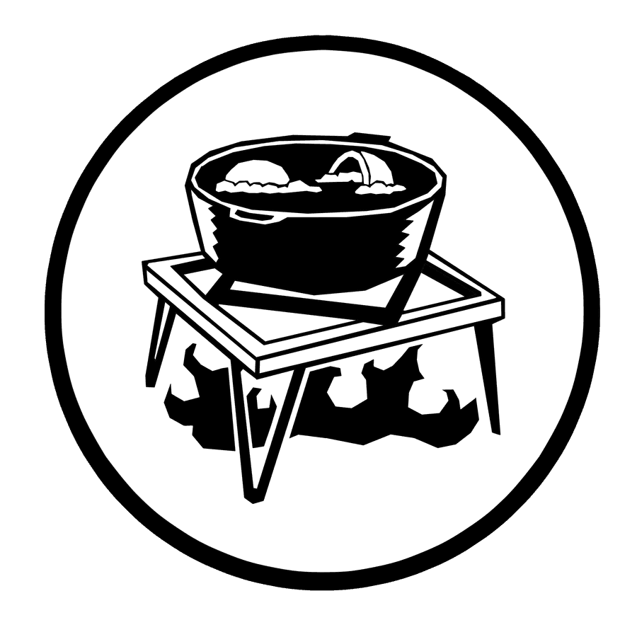 Dibujo en blanco y negro: las dos mitades hierven en una olla puesta sobre un trípode de madera, con el fuego debajo
