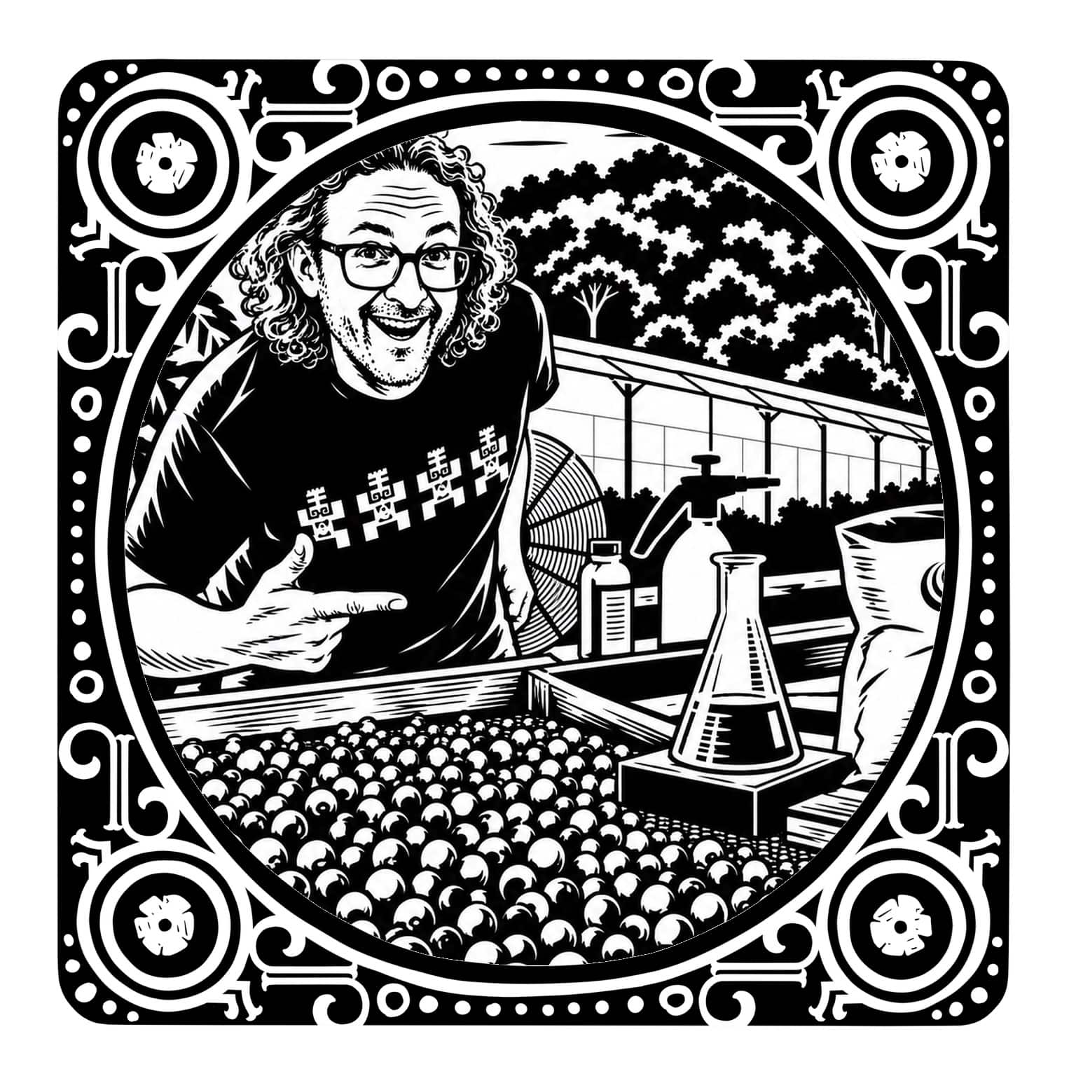 Daniel Giráldez dibujado a plumilla dentro de un marco ornamental, sonriendo y señalando con el dedo junto a un lecho de cerezas de café, un matraz, un frasco y un pulverizador, con un invernadero y el bosque detrás