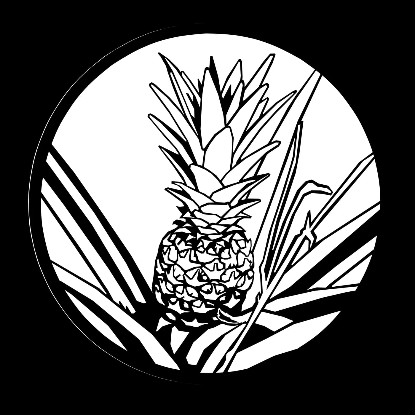 Una piña madura en la mata, entre sus hojas, dibujada a línea dentro de un marco circular