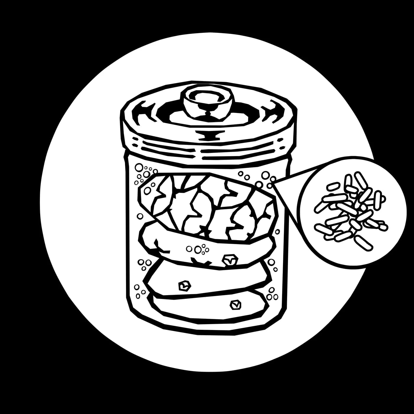Un fermentador de boca ancha con tapa de airlock, lleno de trozos de piña y burbujas, con un círculo de aumento que muestra los microorganismos
