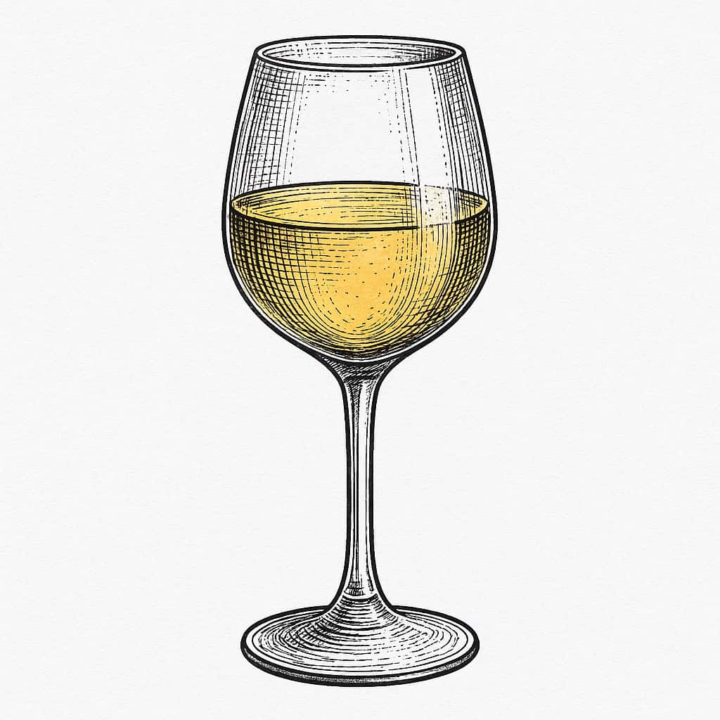 Una copa de tallo largo dibujada a plumilla, con el líquido dentro coloreado de amarillo claro