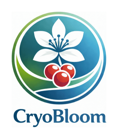 Logotipo de CryoBloom: un emblema circular en verde y azul con la flor blanca del café y tres cerezas rojas en el centro, y debajo la palabra CryoBloom