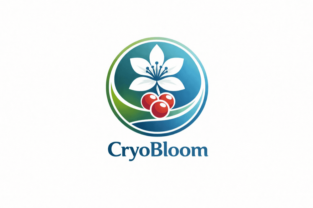 Logotipo de CryoBloom: un emblema circular en verde y azul con la flor blanca del café y dos cerezas rojas en el centro, y debajo la palabra CryoBloom