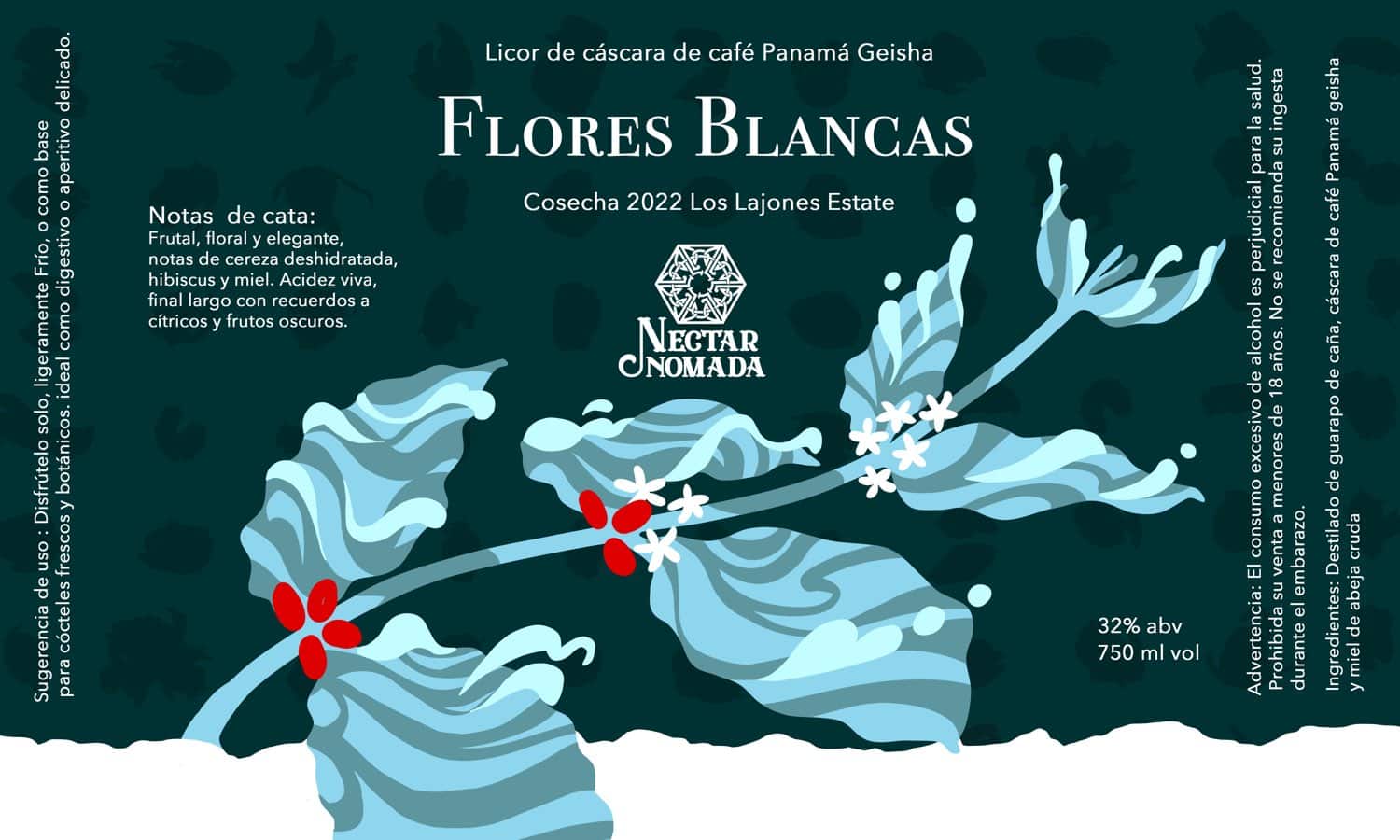 Etiqueta de Flores Blancas: ramas de cafeto en flor sobre verde profundo, con el logotipo de Néctar Nómada