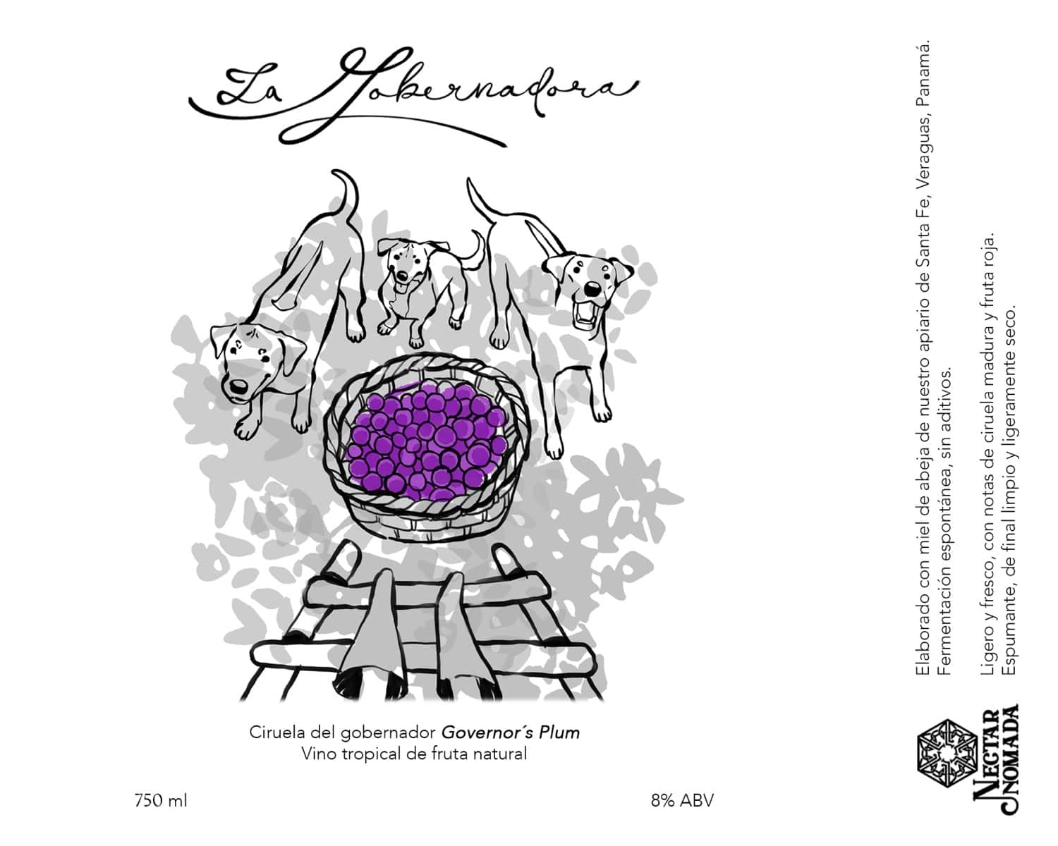 Etiqueta de La Gobernadora: dibujo de cuatro perros alrededor de una canasta de ciruelas moradas sobre una plataforma de madera, con el nombre manuscrito arriba