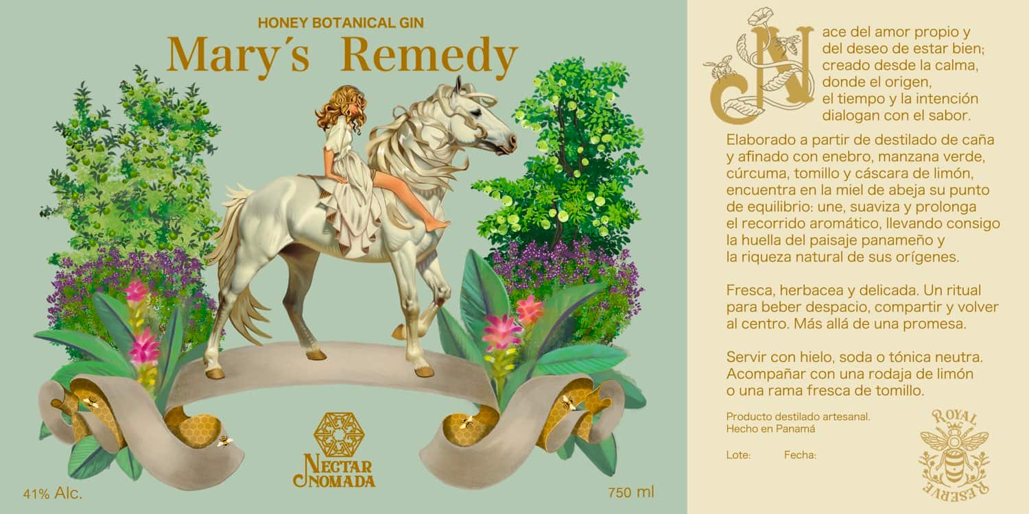 Etiqueta de Mary's Remedy: ilustración de una amazona a caballo entre plantas, con el panel de texto a la derecha