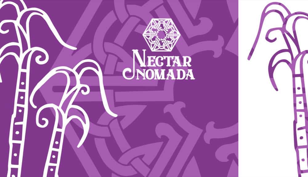 Morado violeta. Cañas de azúcar dibujadas en trazo blanco y el hexágono de Néctar Nómada en blanco.