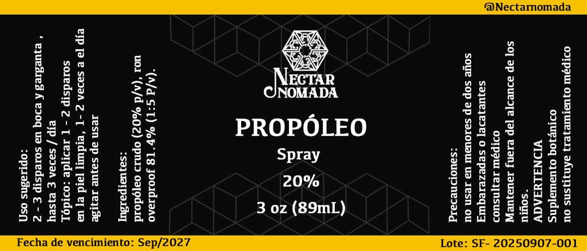Etiqueta del spray de propóleo: la misma franja negra, con el uso sugerido en disparos en lugar de gotas