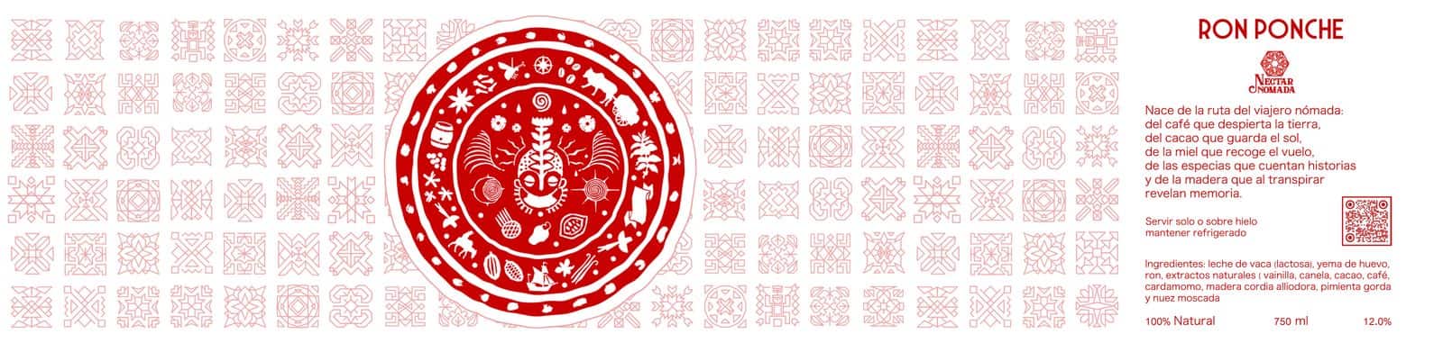 Etiqueta panorámica de Ron Ponche en rojo sobre blanco: un gran medallón circular de trazo geométrico, al modo de una mola, con animales y figuras dentro; a la derecha el nombre, el logotipo de Néctar Nómada y el panel de texto