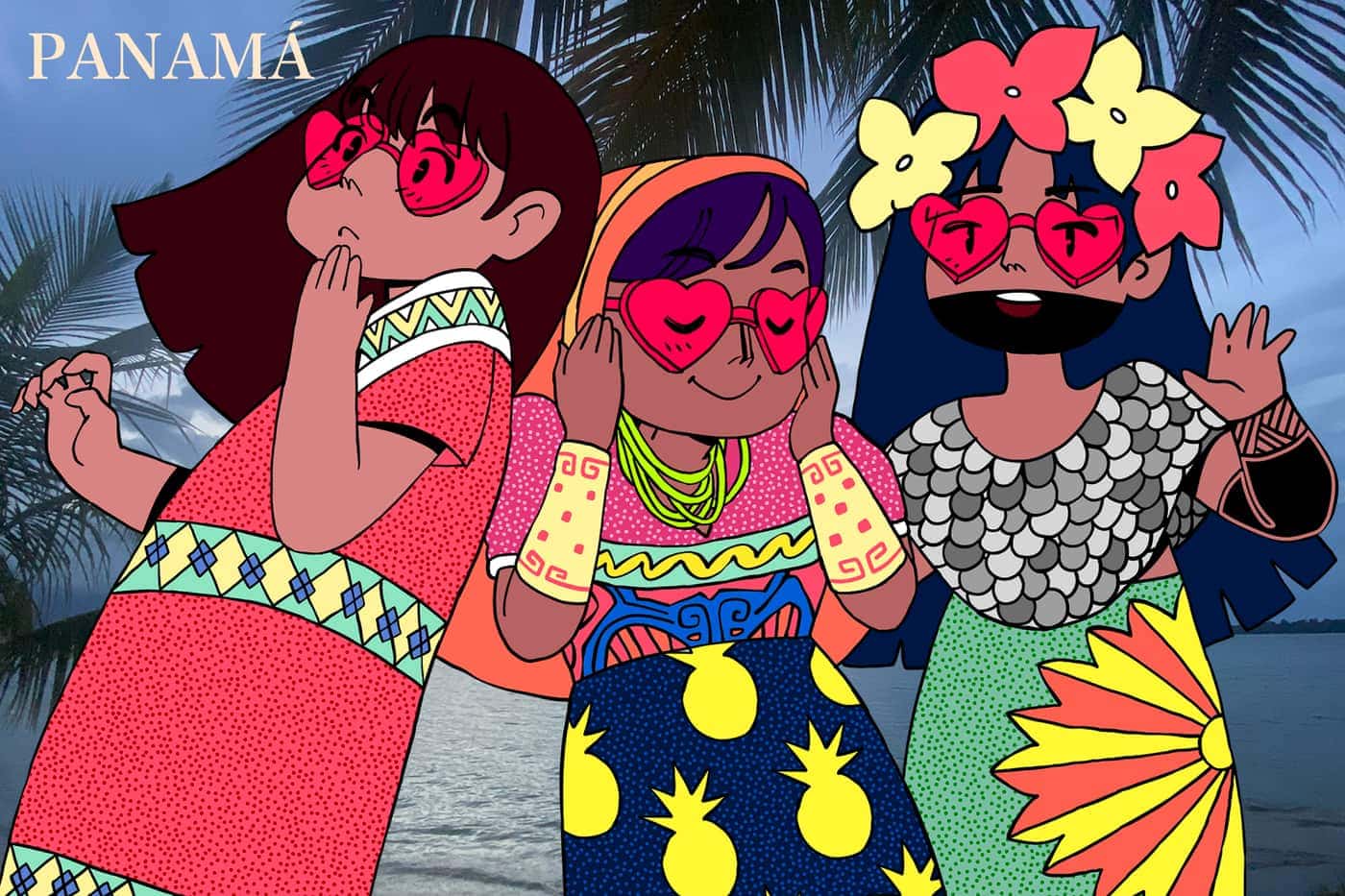 Ilustración a color: tres mujeres con gafas de sol y vestidos de motivos geométricos y piñas, con palmeras y mar al fondo