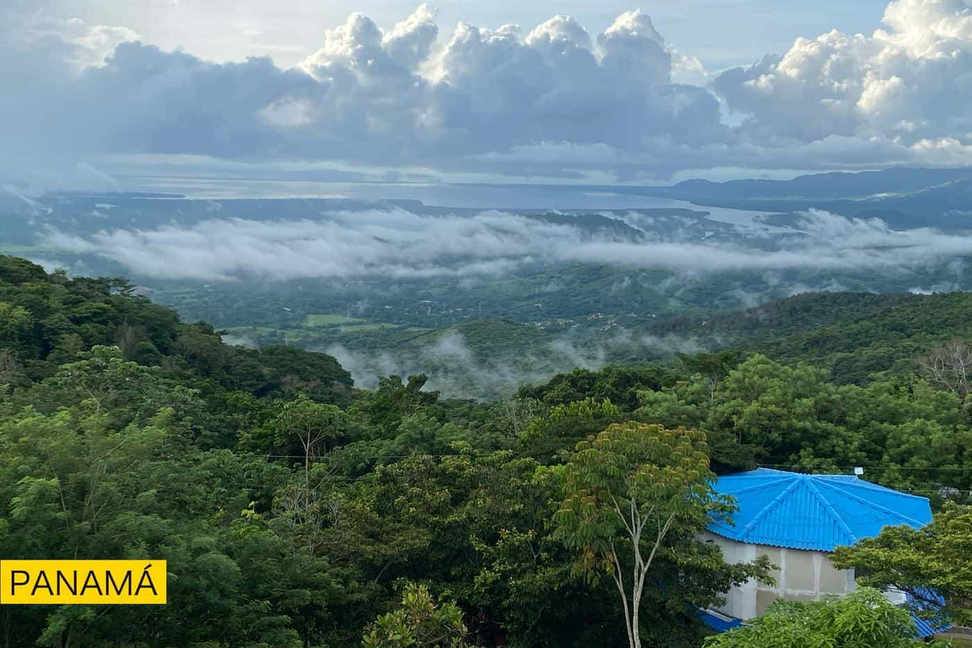 Un valle boscoso con la niebla entrando entre los cerros; abajo, el techo azul de una casa entre los árboles