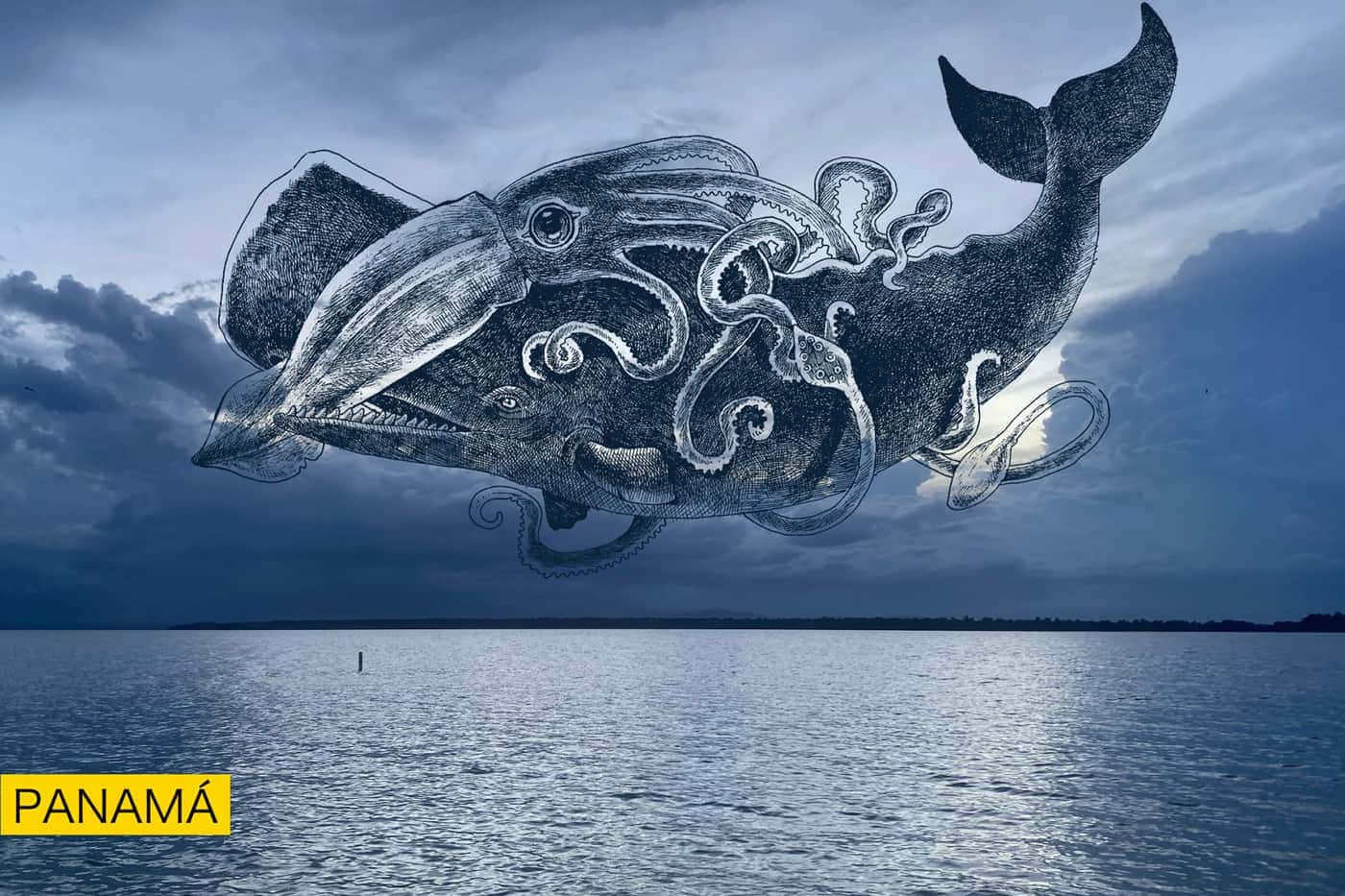 Ilustración a línea de una ballena sobre una fotografía del mar bajo un cielo nublado