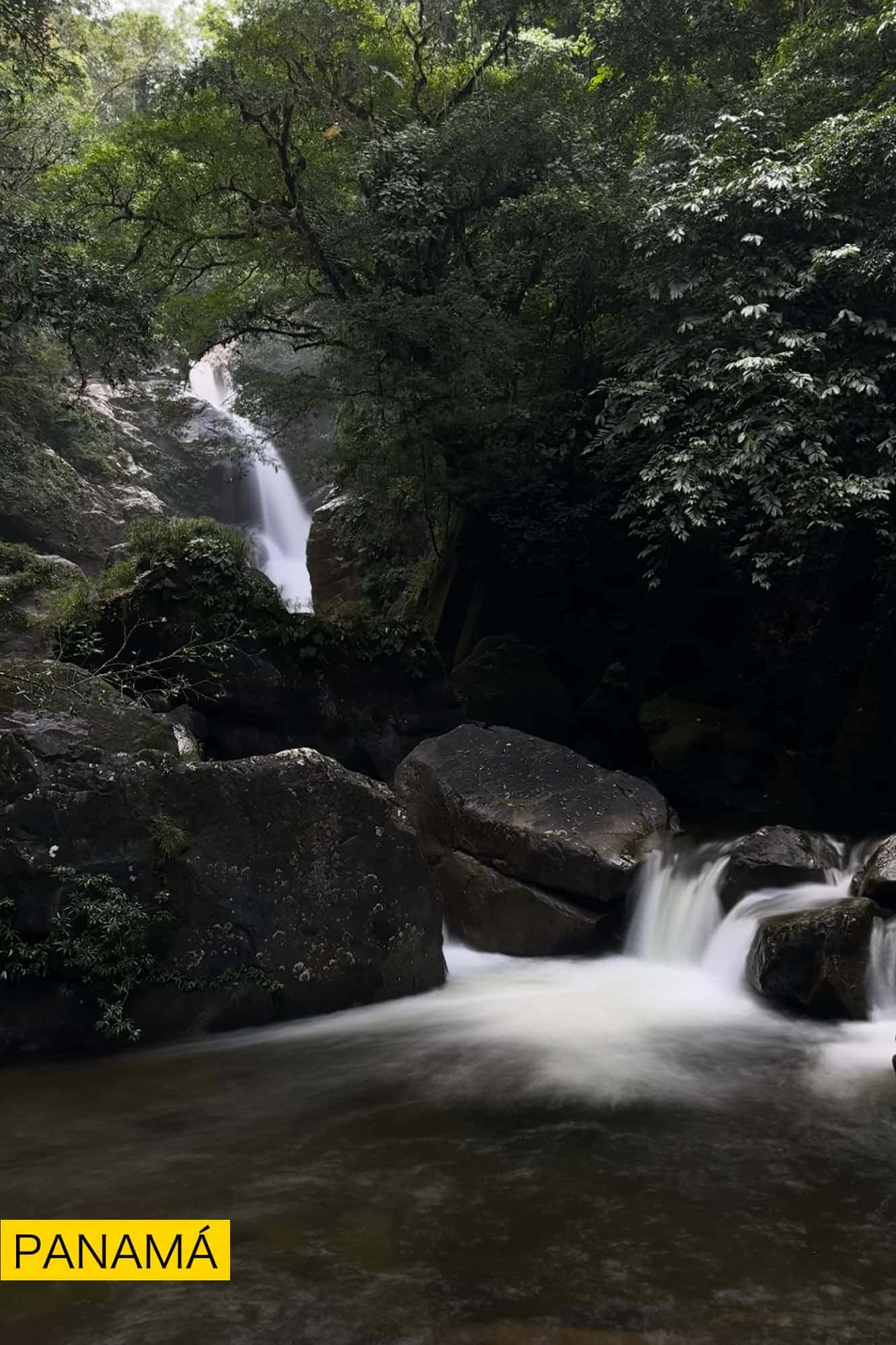 Una cascada cayendo entre rocas grandes y vegetación densa