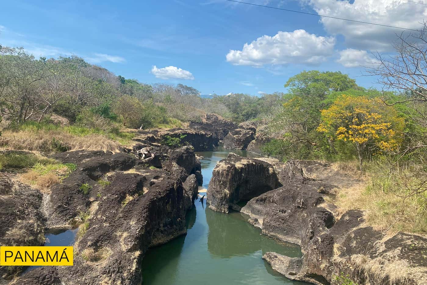 Un río verde encajonado entre formaciones de roca gris, con árboles a los lados