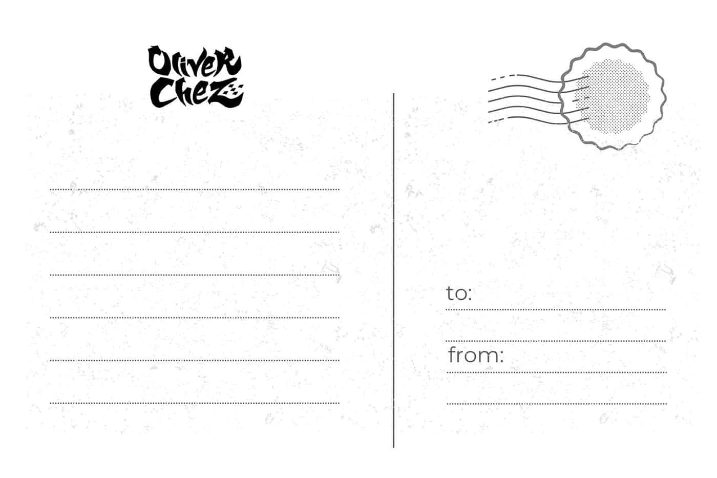 El reverso de la postal, con el logotipo de Oliver Chez, el recuadro del sello y las líneas para «to:» y «from:»